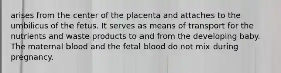 arises from the center of the placenta and attaches to the umbilicus of the fetus. It serves as means of transport for the nutrients and waste products to and from the developing baby. The maternal blood and the fetal blood do not mix during pregnancy.