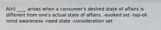 A(n) ____ arises when a consumer's desired state of affairs is different from one's actual state of affairs. -evoked set -top-of-mind awareness -need state -consideration set