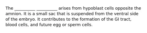 The __________ __________ arises from hypoblast cells opposite the amnion. It is a small sac that is suspended from the ventral side of the embryo. It contributes to the formation of the GI tract, blood cells, and future egg or sperm cells.