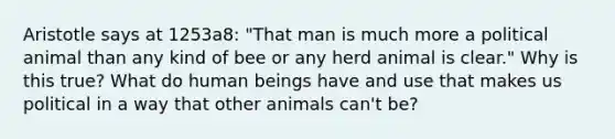 Aristotle says at 1253a8: "That man is much more a political animal than any kind of bee or any herd animal is clear." Why is this true? What do human beings have and use that makes us political in a way that other animals can't be?