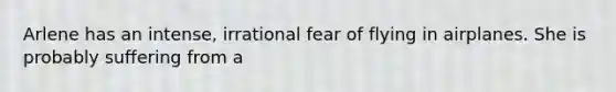 Arlene has an intense, irrational fear of flying in airplanes. She is probably suffering from a