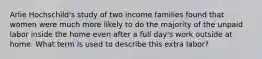 Arlie Hochschild's study of two income families found that women were much more likely to do the majority of the unpaid labor inside the home even after a full day's work outside at home. What term is used to describe this extra labor?