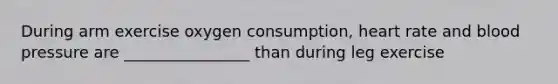 During arm exercise oxygen consumption, heart rate and blood pressure are ________________ than during leg exercise