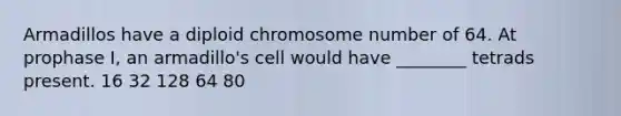 Armadillos have a diploid chromosome number of 64. At prophase I, an armadillo's cell would have ________ tetrads present. 16 32 128 64 80