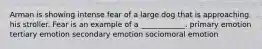 Arman is showing intense fear of a large dog that is approaching his stroller. Fear is an example of a ____________. primary emotion tertiary emotion secondary emotion sociomoral emotion