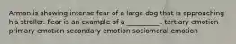 Arman is showing intense fear of a large dog that is approaching his stroller. Fear is an example of a __________. tertiary emotion primary emotion secondary emotion sociomoral emotion