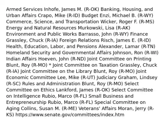 Armed Services Inhofe, James M. (R-OK) Banking, Housing, and Urban Affairs Crapo, Mike (R-ID) Budget Enzi, Michael B. (R-WY) Commerce, Science, and Transportation Wicker, Roger F. (R-MS) Energy and Natural Resources Murkowski, Lisa (R-AK) Environment and Public Works Barrasso, John (R-WY) Finance Grassley, Chuck (R-IA) Foreign Relations Risch, James E. (R-ID) Health, Education, Labor, and Pensions Alexander, Lamar (R-TN) Homeland Security and Governmental Affairs Johnson, Ron (R-WI) Indian Affairs Hoeven, John (R-ND) Joint Committee on Printing Blunt, Roy (R-MO) * Joint Committee on Taxation Grassley, Chuck (R-IA) Joint Committee on the Library Blunt, Roy (R-MO) Joint Economic Committee Lee, Mike (R-UT) Judiciary Graham, Lindsey (R-SC) Rules and Administration Blunt, Roy (R-MO) Select Committee on Ethics Lankford, James (R-OK) Select Committee on Intelligence Rubio, Marco (R-FL) Small Business and Entrepreneurship Rubio, Marco (R-FL) Special Committee on Aging Collins, Susan M. (R-ME) Veterans' Affairs Moran, Jerry (R-KS) https://www.senate.gov/committees/index.htm