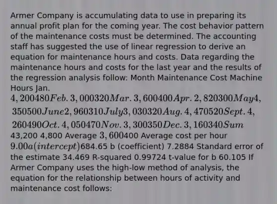 Armer Company is accumulating data to use in preparing its annual profit plan for the coming year. The <a href='https://www.questionai.com/knowledge/kfOPnf7j39-cost-behavior' class='anchor-knowledge'>cost behavior</a> pattern of the maintenance costs must be determined. The accounting staff has suggested the use of linear regression to derive an equation for maintenance hours and costs. Data regarding the maintenance hours and costs for the last year and the results of the regression analysis follow: Month Maintenance Cost Machine Hours Jan. 4,200 480 Feb. 3,000 320 Mar. 3,600 400 Apr. 2,820 300 May 4,350 500 June 2,960 310 July 3,030 320 Aug. 4,470 520 Sept. 4,260 490 Oct. 4,050 470 Nov. 3,300 350 Dec. 3,160 340 Sum43,200 4,800 Average 3,600400 Average cost per hour 9.00 a (intercept)684.65 b (coefficient) 7.2884 Standard error of the estimate 34.469 R-squared 0.99724 t-value for b 60.105 If Armer Company uses the high-low method of analysis, the equation for the relationship between hours of activity and maintenance cost follows: