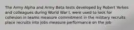 The Army Alpha and Army Beta tests developed by Robert Yerkes and colleagues during World War I, were used to look for cohesion in teams measure commitment in the military recruits place recruits into jobs measure performance on the job