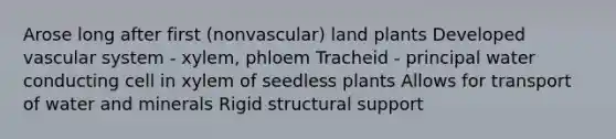 Arose long after first (nonvascular) land plants Developed vascular system - xylem, phloem Tracheid - principal water conducting cell in xylem of seedless plants Allows for transport of water and minerals Rigid structural support