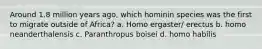 Around 1.8 million years ago, which hominin species was the first to migrate outside of Africa? a. Homo ergaster/ erectus b. homo neanderthalensis c. Paranthropus boisei d. homo habilis