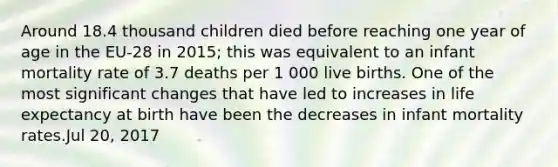 Around 18.4 thousand children died before reaching one year of age in the EU-28 in 2015; this was equivalent to an infant mortality rate of 3.7 deaths per 1 000 live births. One of the most significant changes that have led to increases in life expectancy at birth have been the decreases in infant mortality rates.Jul 20, 2017