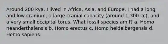 Around 200 kya, I lived in Africa, Asia, and Europe. I had a long and low cranium, a large cranial capacity (around 1,300 cc), and a very small occipital torus. What fossil species am I? a. Homo neanderthalensis b. Homo erectus c. Homo heidelbergensis d. Homo sapiens