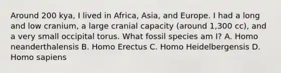 Around 200 kya, I lived in Africa, Asia, and Europe. I had a long and low cranium, a large cranial capacity (around 1,300 cc), and a very small occipital torus. What fossil species am I? A. Homo neanderthalensis B. <a href='https://www.questionai.com/knowledge/kI1ONx7LAC-homo-erectus' class='anchor-knowledge'>homo erectus</a> C. Homo Heidelbergensis D. <a href='https://www.questionai.com/knowledge/k9aqcXDhxN-homo-sapiens' class='anchor-knowledge'>homo sapiens</a>