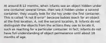 At around 8-12 months, when infants see an object hidden under one container several times, then see it hidden under a second container, they usually look for the toy under the first container. This is called "A not B error" because babies reach for an object at the first location, A, not the second location, B. Infants do not distinguish the objects from the actions they use to locate it, such as reaching for a particular container. In fact, infants do not have full understanding of object permanence until about 18 months of age.