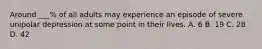 Around ___% of all adults may experience an episode of severe unipolar depression at some point in their lives. A. 6 B. 19 C. 28 D. 42