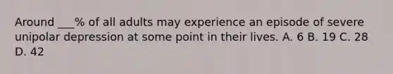 Around ___% of all adults may experience an episode of severe unipolar depression at some point in their lives. A. 6 B. 19 C. 28 D. 42