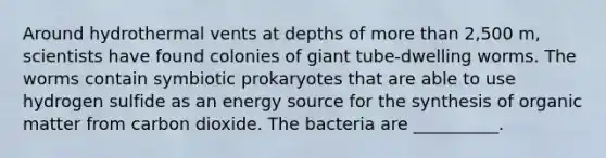 Around hydrothermal vents at depths of more than 2,500 m, scientists have found colonies of giant tube-dwelling worms. The worms contain symbiotic prokaryotes that are able to use hydrogen sulfide as an energy source for the synthesis of organic matter from carbon dioxide. The bacteria are __________.