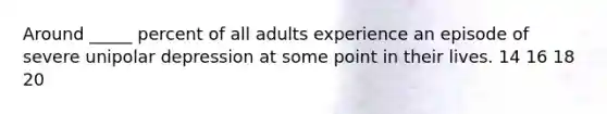 Around _____ percent of all adults experience an episode of severe unipolar depression at some point in their lives. 14 16 18 20