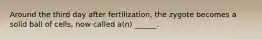 Around the third day after fertilization, the zygote becomes a solid ball of cells, now called a(n) ______.