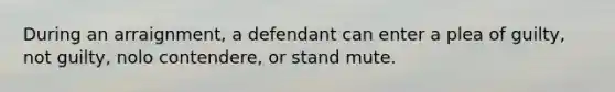 During an arraignment, a defendant can enter a plea of guilty, not guilty, nolo contendere, or stand mute.