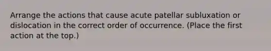 Arrange the actions that cause acute patellar subluxation or dislocation in the correct order of occurrence. (Place the first action at the top.)