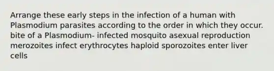 Arrange these early steps in the infection of a human with Plasmodium parasites according to the order in which they occur. bite of a Plasmodium- infected mosquito asexual reproduction merozoites infect erythrocytes haploid sporozoites enter liver cells