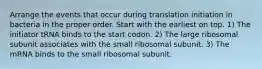 Arrange the events that occur during translation initiation in bacteria in the proper order. Start with the earliest on top. 1) The initiator tRNA binds to the start codon. 2) The large ribosomal subunit associates with the small ribosomal subunit. 3) The mRNA binds to the small ribosomal subunit.