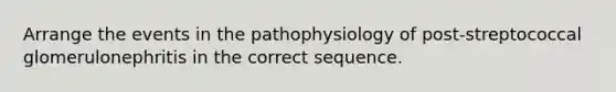 Arrange the events in the pathophysiology of post-streptococcal glomerulonephritis in the correct sequence.