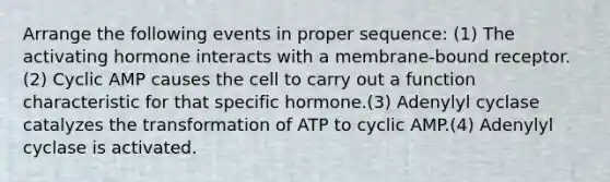 Arrange the following events in proper sequence: (1) The activating hormone interacts with a membrane-bound receptor.(2) Cyclic AMP causes the cell to carry out a function characteristic for that specific hormone.(3) Adenylyl cyclase catalyzes the transformation of ATP to cyclic AMP.(4) Adenylyl cyclase is activated.