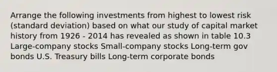 Arrange the following investments from highest to lowest risk (standard deviation) based on what our study of capital market history from 1926 - 2014 has revealed as shown in table 10.3 Large-company stocks Small-company stocks Long-term gov bonds U.S. Treasury bills Long-term corporate bonds