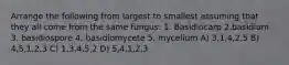 Arrange the following from largest to smallest assuming that they all come from the same fungus: 1. Basidiocarp 2.basidium 3. basidiospore 4. basidiomycete 5. mycelium A) 3,1,4,2,5 B) 4,5,1,2,3 C) 1,3,4,5,2 D) 5,4,1,2,3