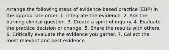 Arrange the following steps of evidence-based practice (EBP) in the appropriate order. 1. Integrate the evidence. 2. Ask the burning clinical question. 3. Create a spirit of inquiry. 4. Evaluate the practice decision or change. 5. Share the results with others. 6. Critically evaluate the evidence you gather. 7. Collect the most relevant and best evidence.