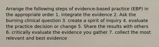 Arrange the following steps of evidence-based practice (EBP) in the appropriate order 1. integrate the evidence 2. Ask the burning clinical question 3. create a spirit of inquiry 4. evaluate the practice decision or change 5. Share the results with others 6. critically evaluate the evidence you gather 7. collect the most relevant and best evidence