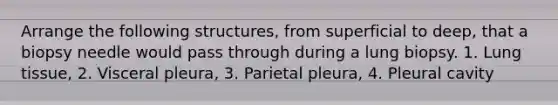 Arrange the following structures, from superficial to deep, that a biopsy needle would pass through during a lung biopsy. 1. Lung tissue, 2. Visceral pleura, 3. Parietal pleura, 4. Pleural cavity