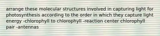 arrange these molecular structures involved in capturing light for photosynthesis according to the order in which they capture light energy -chlorophyll to chlorophyll -reaction center chlorophyll pair -antennas