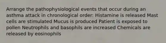 Arrange the pathophysiological events that occur during an asthma attack in chronological order: Histamine is released Mast cells are stimulated Mucus is produced Patient is exposed to pollen Neutrophils and basophils are increased Chemicals are released by eosinophils