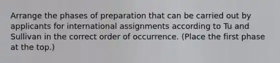 Arrange the phases of preparation that can be carried out by applicants for international assignments according to Tu and Sullivan in the correct order of occurrence. (Place the first phase at the top.)