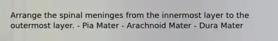 Arrange the spinal meninges from the innermost layer to the outermost layer. - Pia Mater - Arachnoid Mater - Dura Mater