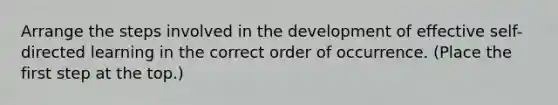 Arrange the steps involved in the development of effective self-directed learning in the correct order of occurrence. (Place the first step at the top.)