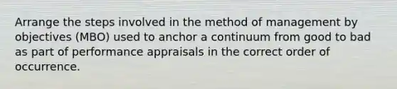 Arrange the steps involved in the method of management by objectives (MBO) used to anchor a continuum from good to bad as part of performance appraisals in the correct order of occurrence.