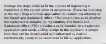 Arrange the steps involved in the process of registering a trademark in the correct order of occurrence. (Place the first step at the top.) Drag and drop application. An examining attorney at the Patent and Trademark Office (PTO) determines as to whether the trademark is suitable for registration. The Patent and Trademark Office (PTO) provides a serial number to a trademark application and sends a filing receipt to the applicant. A simple form that can be downloaded and submitted by mail or electronically needs to be completed to file an application.