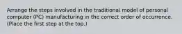 Arrange the steps involved in the traditional model of personal computer (PC) manufacturing in the correct order of occurrence. (Place the first step at the top.)