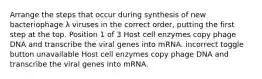 Arrange the steps that occur during synthesis of new bacteriophage λ viruses in the correct order, putting the first step at the top. Position 1 of 3 Host cell enzymes copy phage DNA and transcribe the viral genes into mRNA. incorrect toggle button unavailable Host cell enzymes copy phage DNA and transcribe the viral genes into mRNA.