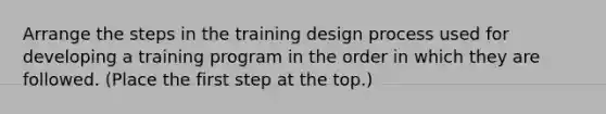 Arrange the steps in the training design process used for developing a training program in the order in which they are followed. (Place the first step at the top.)