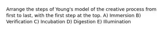 Arrange the steps of Young's model of the creative process from first to last, with the first step at the top. A) Immersion B) Verification C) Incubation D) Digestion E) Illumination