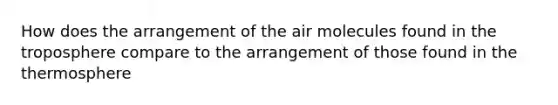 How does the arrangement of the air molecules found in the troposphere compare to the arrangement of those found in the thermosphere