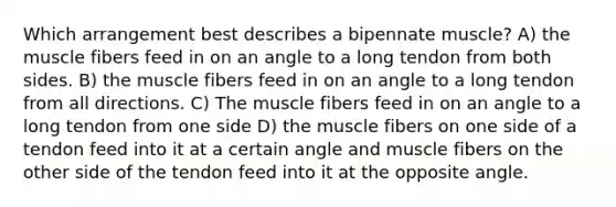 Which arrangement best describes a bipennate muscle? A) the muscle fibers feed in on an angle to a long tendon from both sides. B) the muscle fibers feed in on an angle to a long tendon from all directions. C) The muscle fibers feed in on an angle to a long tendon from one side D) the muscle fibers on one side of a tendon feed into it at a certain angle and muscle fibers on the other side of the tendon feed into it at the opposite angle.