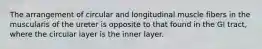 The arrangement of circular and longitudinal muscle fibers in the muscularis of the ureter is opposite to that found in the GI tract, where the circular layer is the inner layer.