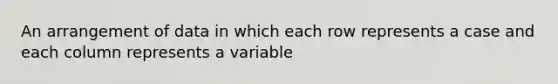 An arrangement of data in which each row represents a case and each column represents a variable